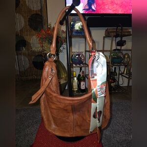 Women's Tan Leather Hobo Bag with Scarf Accent In Preloved Condition